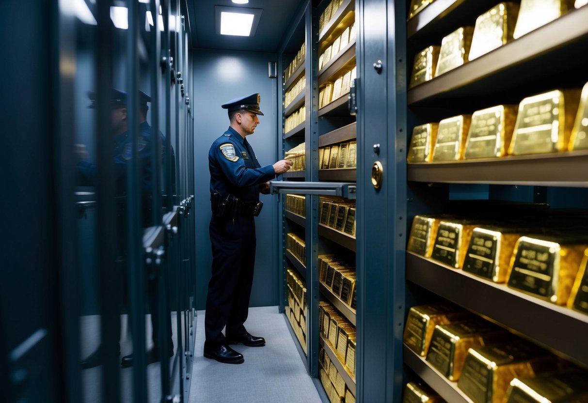 A secure vault with rows of physical gold bars, guarded by security personnel