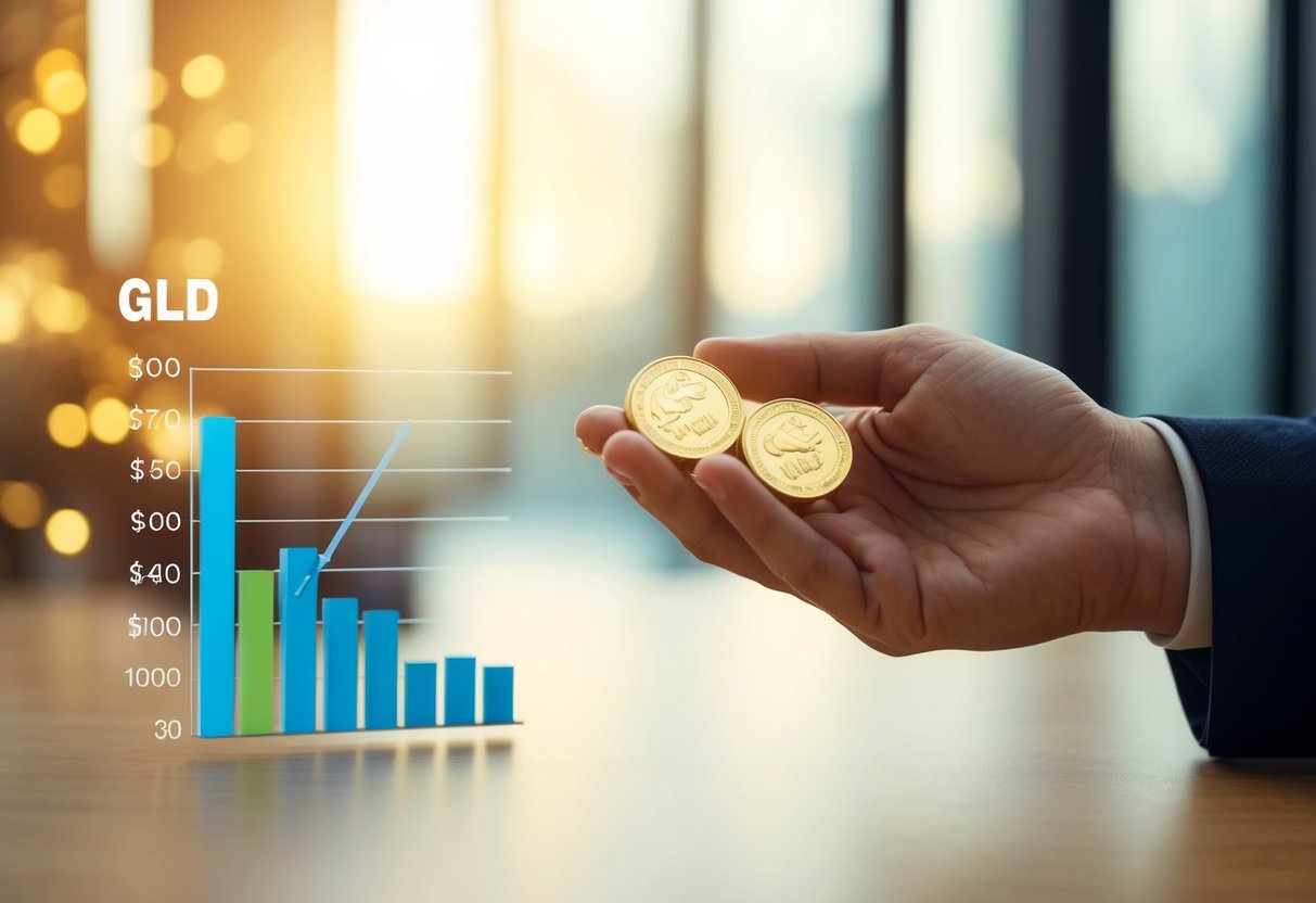 A hand holding physical gold next to a chart comparing its performance to GLD