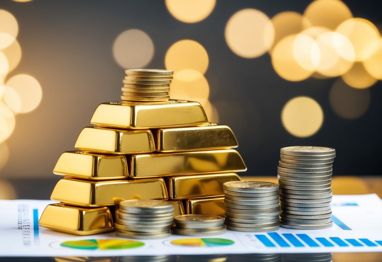 A stack of gold bars and coins next to a chart comparing physical gold to GLD