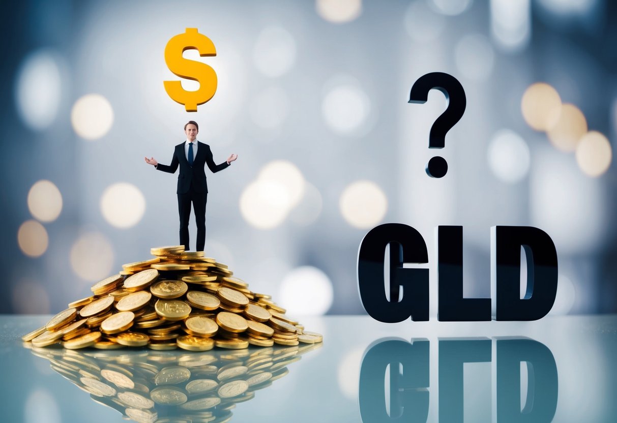 A person standing in front of two options: a pile of physical gold and a symbol for GLD, with a question mark above their head