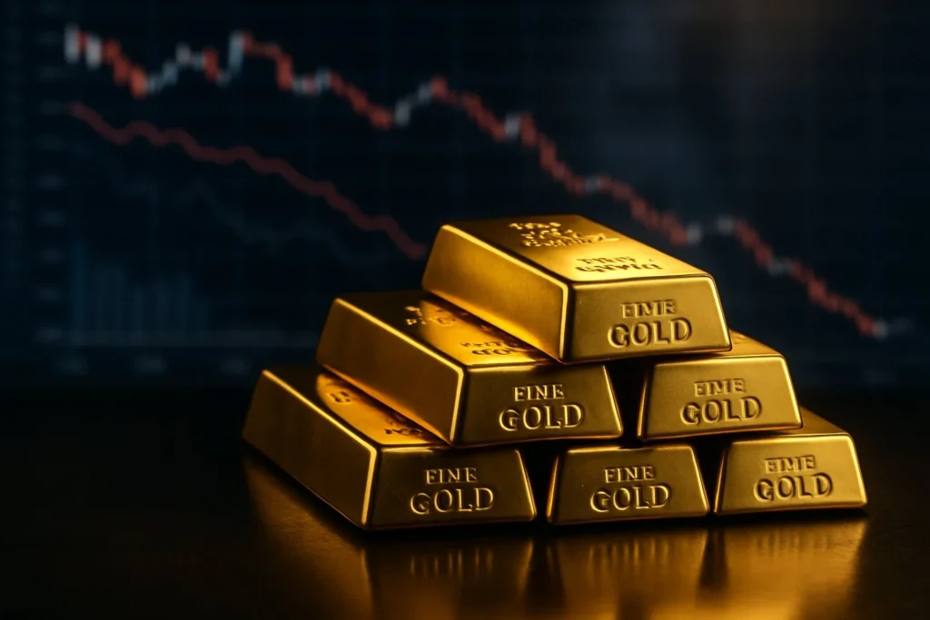 Gold bars on a table with the bond market chart headed lower and lower in the background