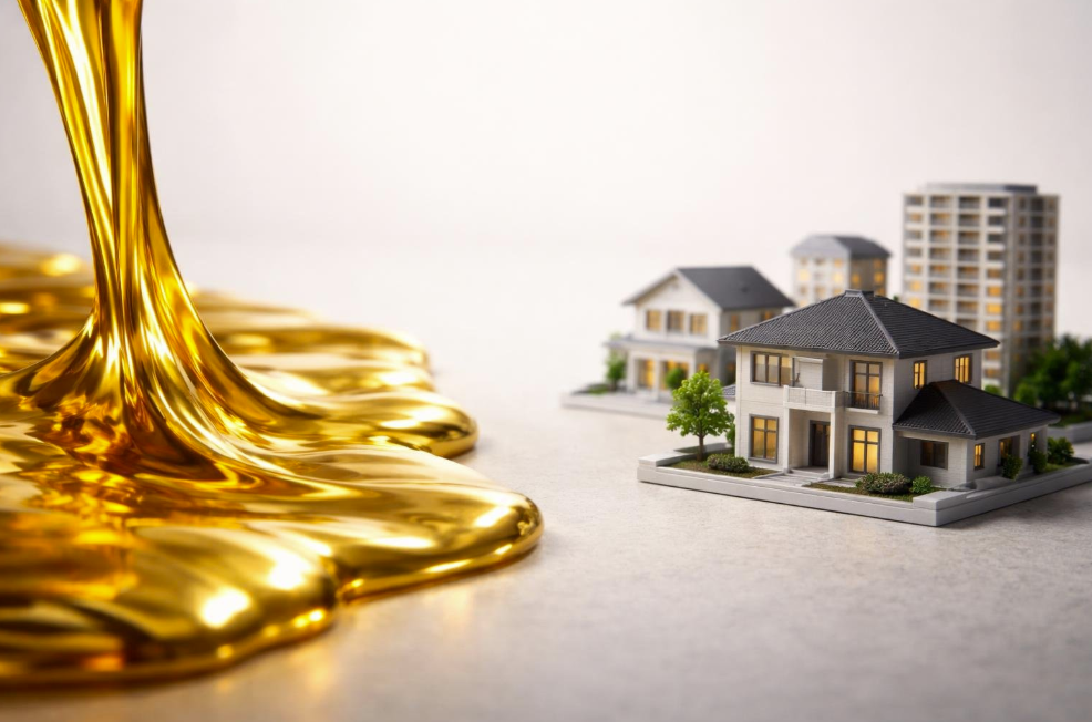 Gold liquid flows toward a cluster of miniature houses, hinting at real estate investment and wealth.