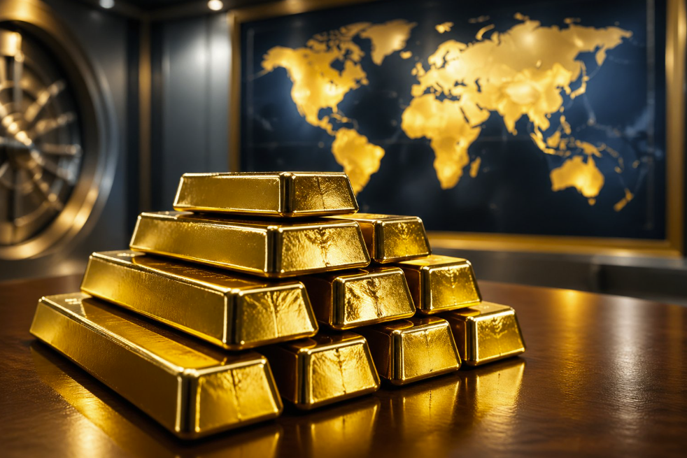 Stack of gold bars piled on a wooden table inside a vault, with a gold world map mural in the background.