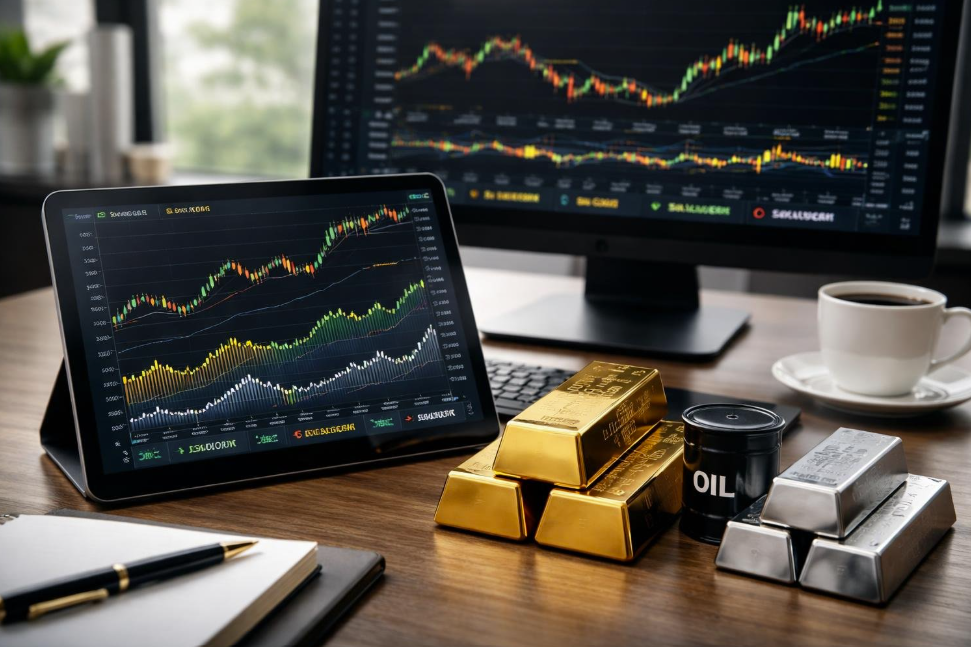 Trading desk with tablet and monitor displaying stock charts, gold bars, silver bars, and an oil can.