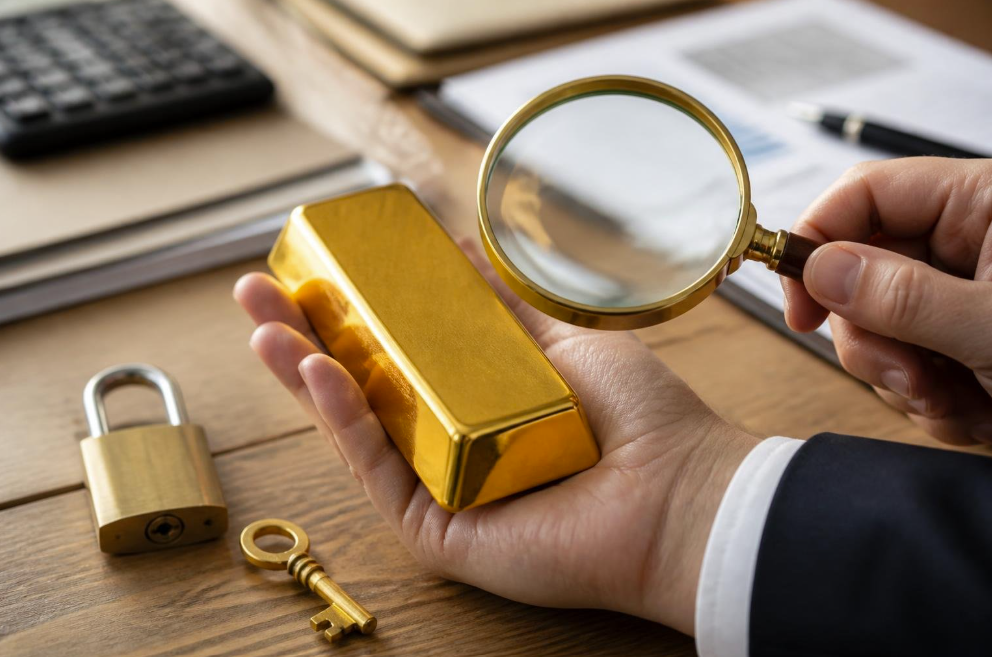 Person holding a gold bar and examining it with a magnifying glass on a desk, with a padlock and key nearby—suggesting security or authentication of gold.