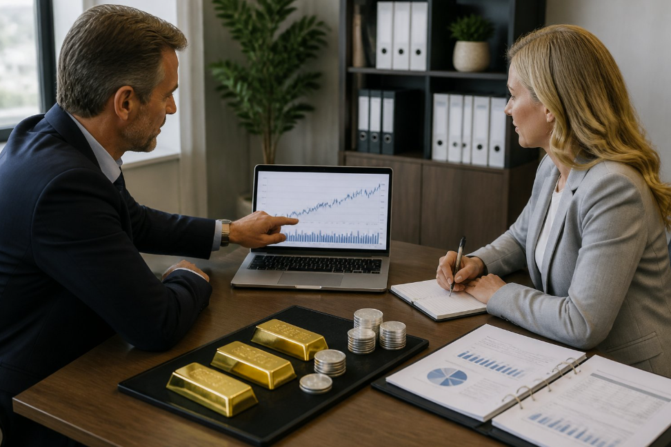 Two professionals in a meeting review financial data on a laptop, with gold bars and coins displayed on the desk in front of them on a wood table.