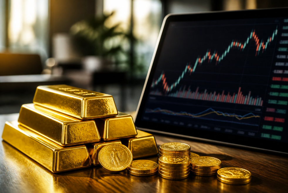 Stacks of gold bars and coins on a desk beside a tablet showing a stock market chart.