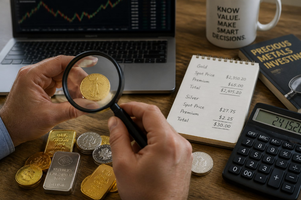 Person holding a magnifying glass over a gold coin, with a laptop showing a stock chart in the background and metal bars on a wooden desk.