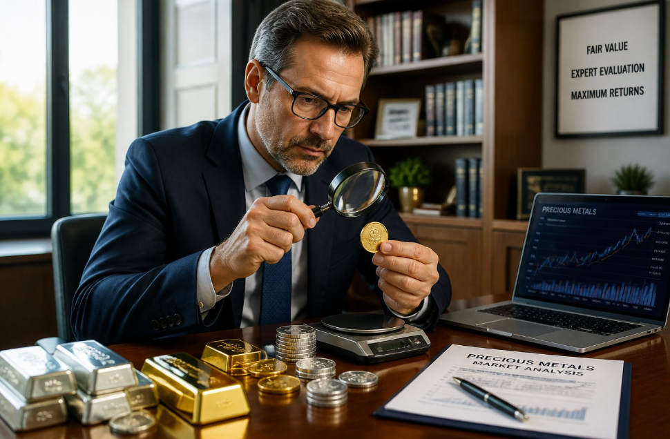 Businessman in a suit inspecting a gold coin with a magnifying glass amid bullion bars and a laptop displaying market charts in a finance office