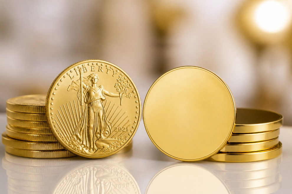 Gold coins stacked with a prominent front coin featuring Liberty and the year 2021; investment or wealth imagery.
