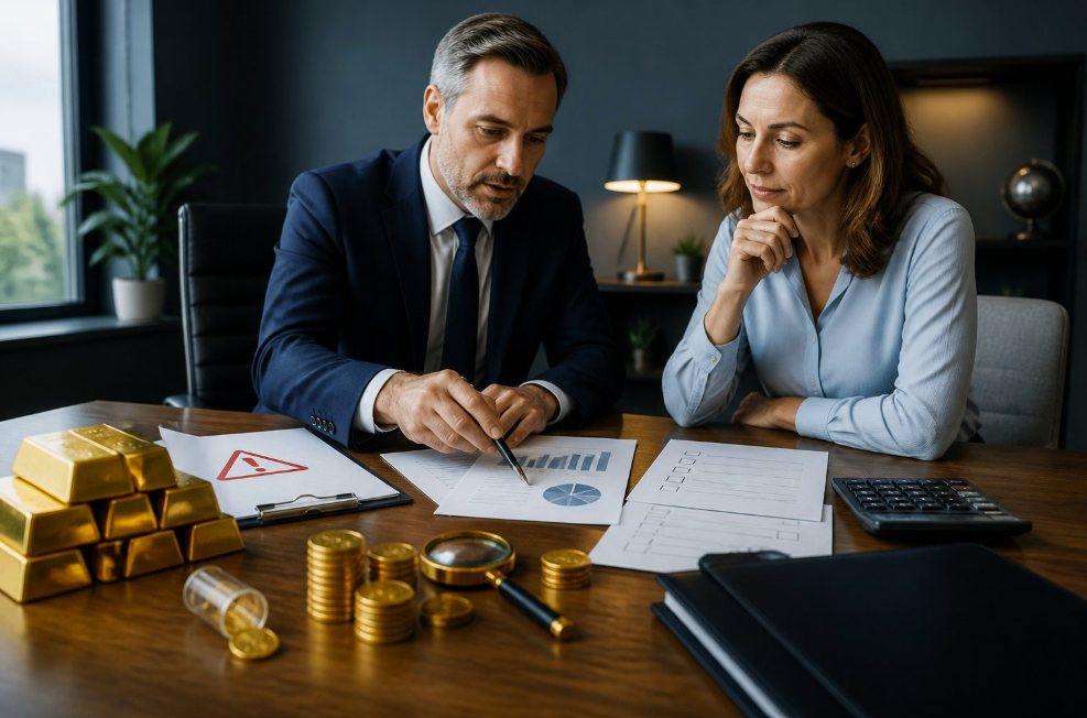Two business professionals review charts at a desk with financial documents and gold bars on the table, in an office setting.