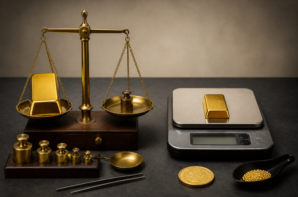 Gold bars and antique balance scales with weights, coins, and a modern digital scale for weighing precious metal.