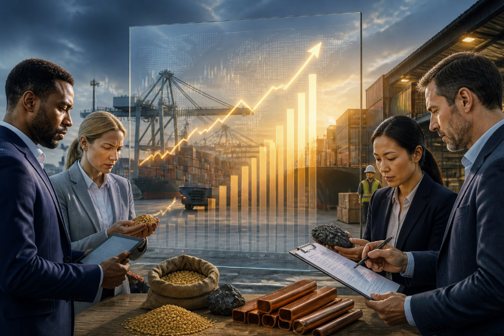 Four professionals in business attire review documents and commodities at a port, with a glowing upward-trend chart overlaying the scene.
