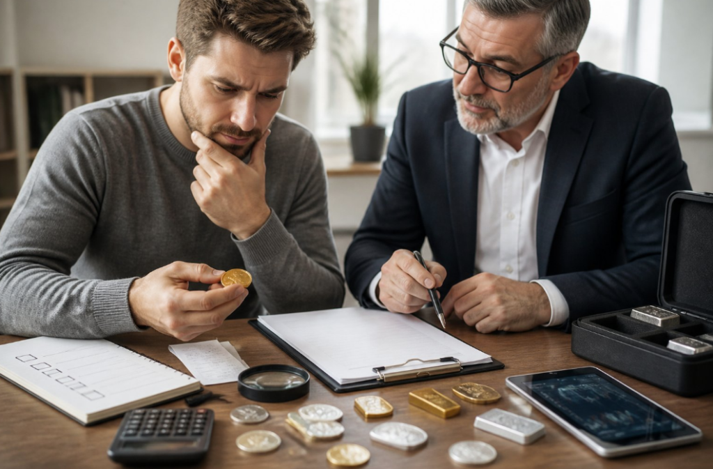 Two men at a desk analyzing finances: one counts coins while the other writes on a clipboard.