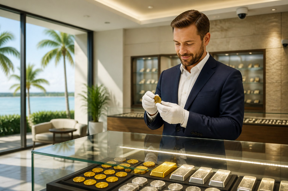 Man in a navy suit with white gloves examines a gold coin in a glass display case at a jewelry store, with gold bars and coins visible in the case.