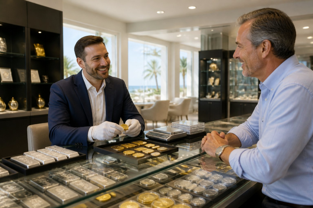 A staff member wearing gloves shows a gold coin to a smiling client at a glass display counter in a bright jewelry shop with ocean views outside.