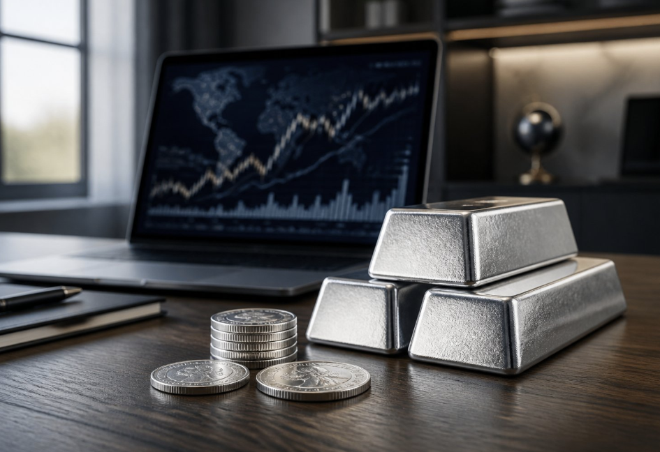Stock market scene: laptop displaying a rising chart with graphs, silver ingots stacked nearby, and coins on a dark wooden desk in an office setting